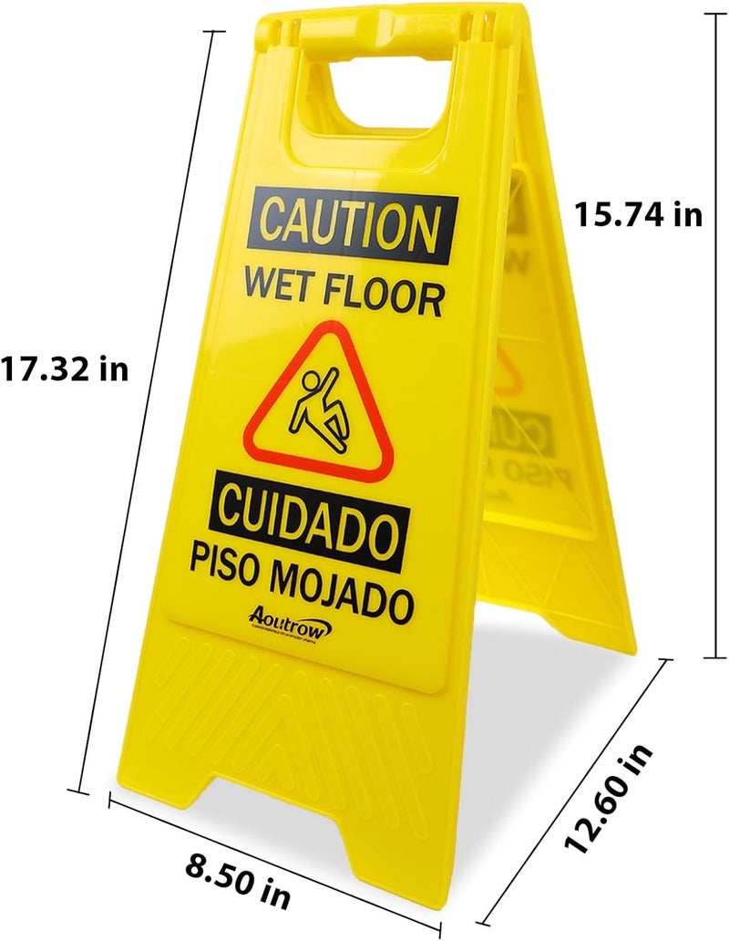 Aoutrow Caution Wet Floor Sign, Bilingual Foldable Safety Sign (17.12in x 8.38in x 0.94in), Yellow (1 Pack) - Image 2